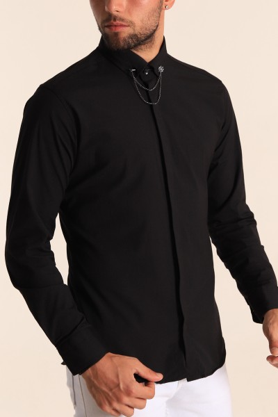 Siyah Regular Fit İğneli Yaka Poplin Erkek Gömlek 196659