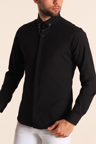 Siyah Regular Fit İğneli Yaka Poplin Erkek Gömlek 196659