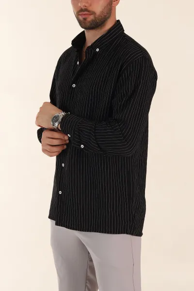 Siyah Regular Fit İnce Çizgili Uzun Kollu Erkek Gömlek 369338