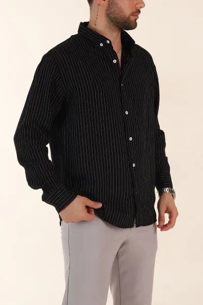 Siyah Regular Fit İnce Çizgili Uzun Kollu Erkek Gömlek 369338