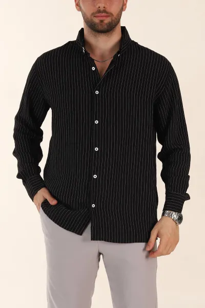 siyah-regular-fit-ince-cizgili-uzun-kollu-erkek-gomlek-369338
