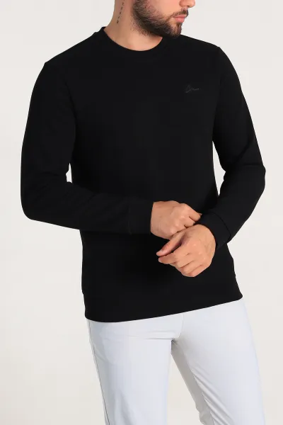 Siyah Regular Fit İnterlok Kumaş Pike Doku Basic Erkek Sweatshirt 305425