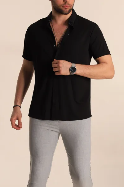 Siyah Regular Fit Jakarlı Çıt Çıt Düğmeli Kısa Kollu Erkek Gömlek 263720