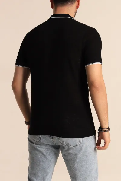 Siyah Regular Fit Jakarlı Polo Yaka Triko Tişört 263231