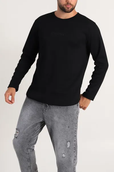 Siyah Regular Fit Kabartma Baskılı Erkek Sweatshirt 303418