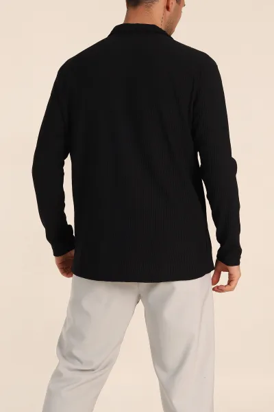 Siyah Regular Fit Kalın Fitilli Doku Erkek Gömlek 352013
