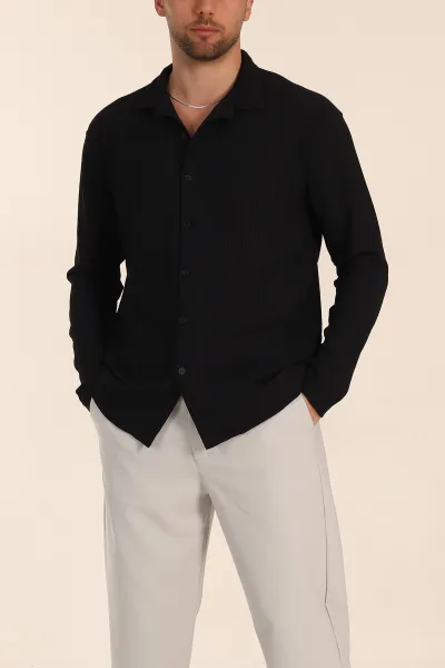 Siyah Regular Fit Kalın Fitilli Doku Erkek Gömlek 352013