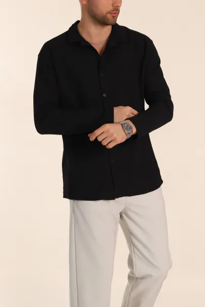 Siyah Regular Fit Kalın Fitilli Doku Erkek Gömlek 352013