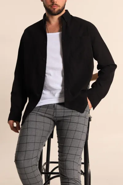 Siyah Regular Fit Keten Tek Cep Detaylı Uzun Kollu Erkek Gömlek 244750