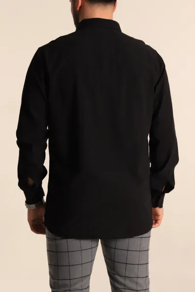 Siyah Regular Fit Keten Tek Cep Detaylı Uzun Kollu Erkek Gömlek 244750