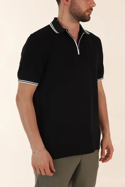 Siyah Regular Fit Likralı Çizgili Polo Yaka Erkek Tişört 368729