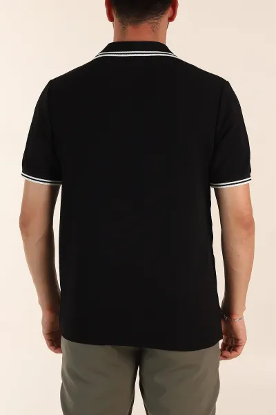 Siyah Regular Fit Likralı Çizgili Polo Yaka Erkek Tişört 368729