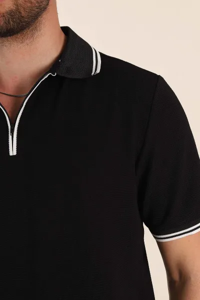 Siyah Regular Fit Likralı Çizgili Polo Yaka Erkek Tişört 368729