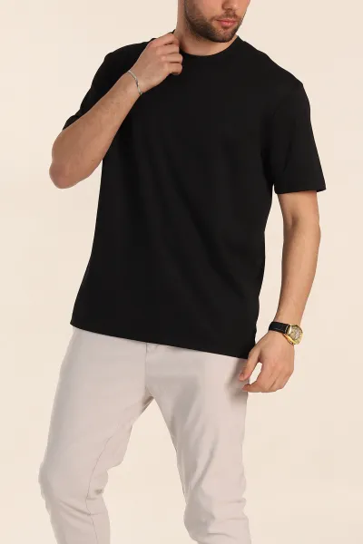 Siyah Regular Fit Nakış Logo Detaylı Basic Erkek Tişört 338452