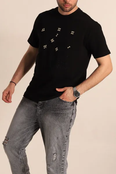 Siyah Regular Fit Nakış Yazı Detaylı Erkek Tişört 270629