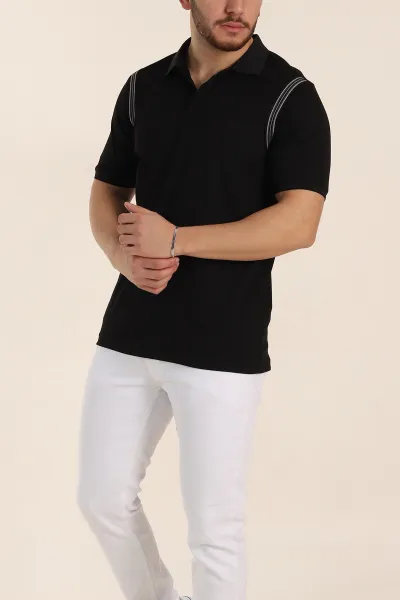 Siyah Regular Fit Omuz Şerit Detaylı Polo Yaka Erkek Tişört 338460