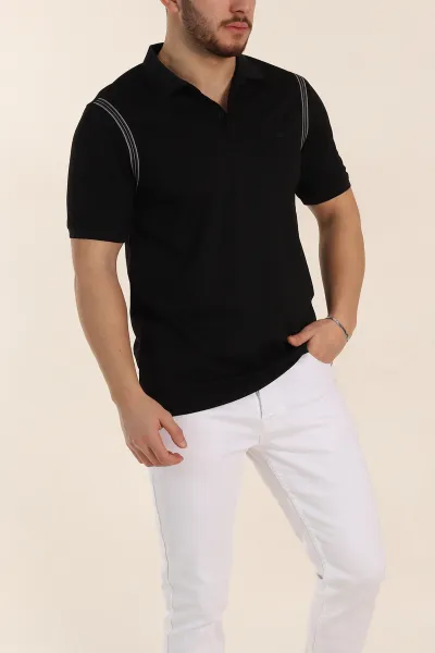 Siyah Regular Fit Omuz Şerit Detaylı Polo Yaka Erkek Tişört 338460