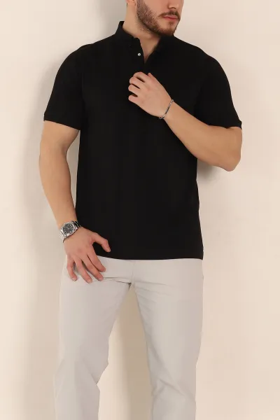 Siyah Regular Fit Parçalı Polo Yaka Erkek Tişört 346725