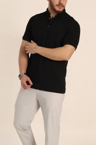 Siyah Regular Fit Parçalı Polo Yaka Erkek Tişört 346725