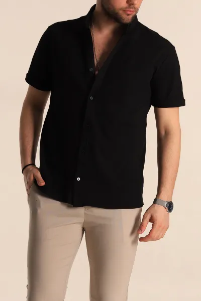 Siyah Regular Fit Petek Dokulu Kısa Kollu Erkek Gömlek 263714