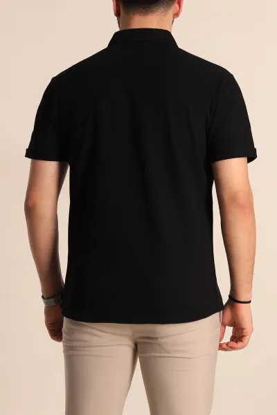 Siyah Regular Fit Petek Dokulu Kısa Kollu Erkek Gömlek 263714