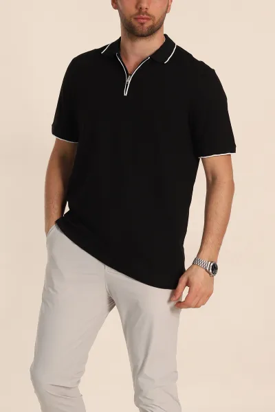Siyah Regular Fit Petek Dokulu Polo Yaka Erkek Tişört 349894