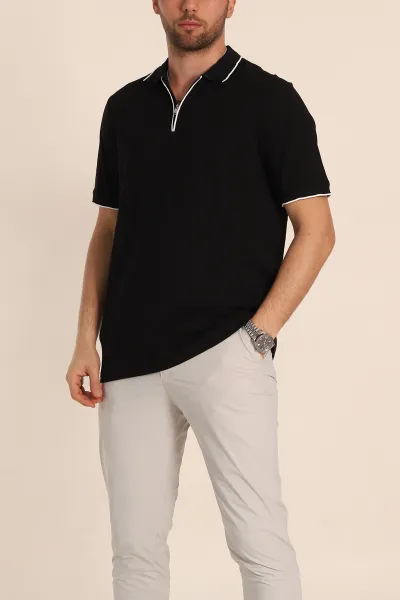 Siyah Regular Fit Petek Dokulu Polo Yaka Erkek Tişört 349894