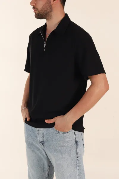 Siyah Regular Fit Pike Dokulu Fermuarlı Polo Yaka Erkek Tişört 368528