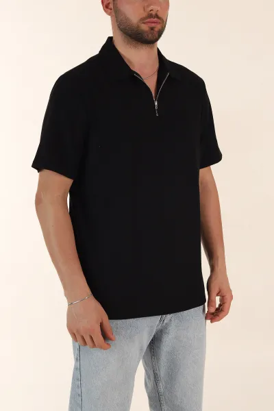 Siyah Regular Fit Pike Dokulu Fermuarlı Polo Yaka Erkek Tişört 368528