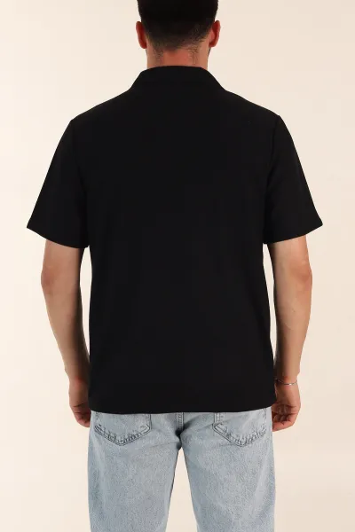 Siyah Regular Fit Pike Dokulu Fermuarlı Polo Yaka Erkek Tişört 368528