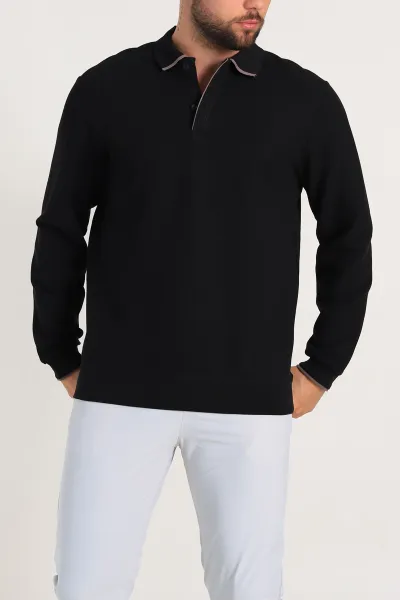 Siyah Regular Fit Pike Dokulu Polo Yaka Sweatshirt 305442