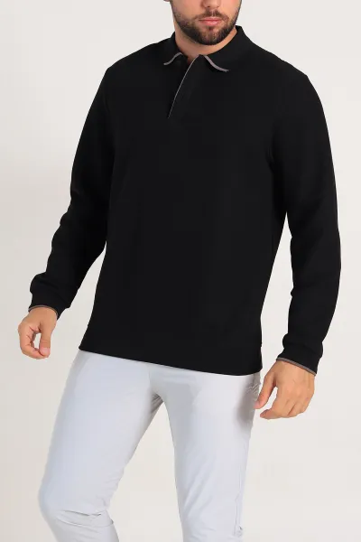 Siyah Regular Fit Pike Dokulu Polo Yaka Sweatshirt 305442