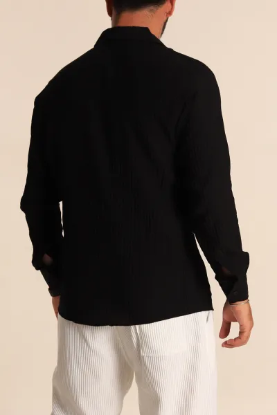 Siyah Regular Fit Plise Dokulu Erkek Gömlek 283873