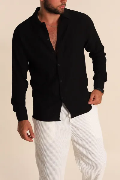 Siyah Regular Fit Plise Dokulu Erkek Gömlek 283873