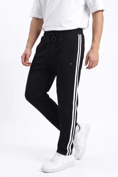 Siyah Regular Fit Şerit Detaylı Fermuarlı Cepli Erkek Eşofman Altı 402377