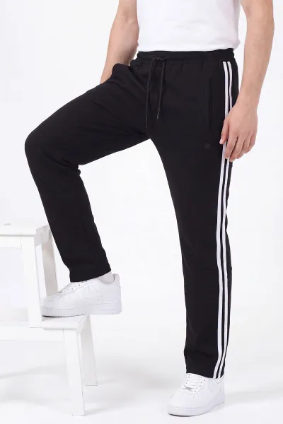 Siyah Regular Fit Şerit Detaylı Fermuarlı Cepli Erkek Eşofman Altı 402377
