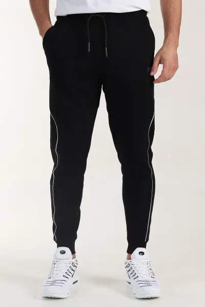 Siyah Regular Fit Şerit Detaylı Paça Lastikli Erkek Eşofman Altı 402371
