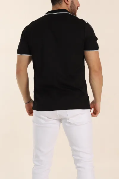 Siyah Regular Fit Şerit Detaylı Polo Yaka Erkek Tişört 338446