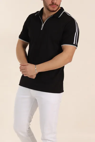 Siyah Regular Fit Şerit Detaylı Polo Yaka Erkek Tişört 338446