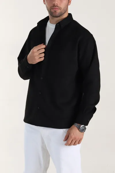 Siyah Regular Fit Süet Ata Yaka Erkek Gömlek 400040