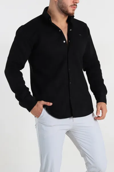 Siyah Regular Fit Süet Çıt Çıt Düğmeli Erkek Gömlek 309297