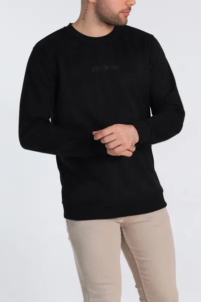 Siyah Regular Fit Süet Kabartma Yazı Detaylı Erkek Sweatshirt 305854