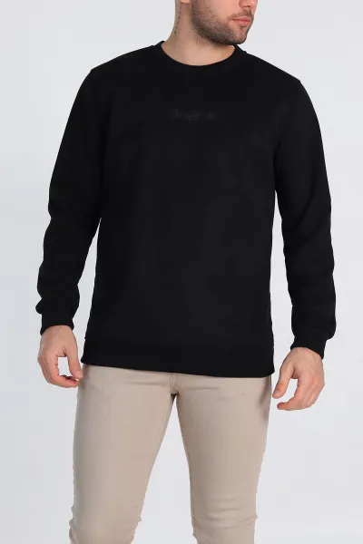 Siyah Regular Fit Süet Kabartma Yazı Detaylı Erkek Sweatshirt 305854