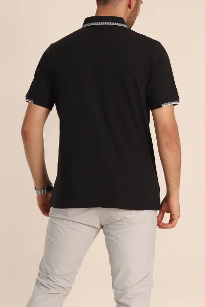 Siyah Regular Fit Süprem Kumaş Kol Detaylı Polo Yaka Erkek Tişört 349934