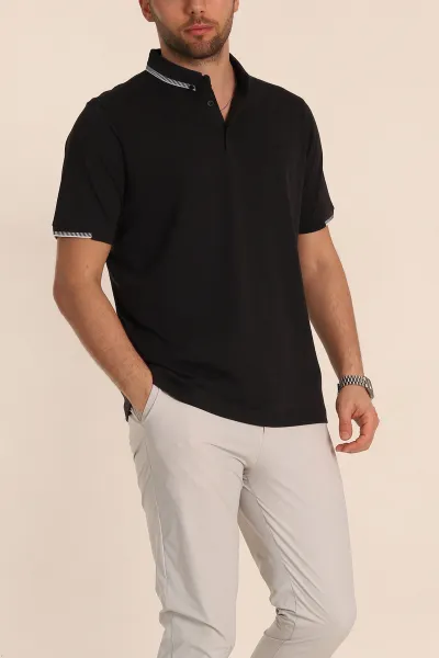 Siyah Regular Fit Süprem Kumaş Kol Detaylı Polo Yaka Erkek Tişört 349934