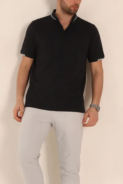 Siyah Regular Fit Süprem Kumaş Kol Detaylı Polo Yaka Erkek Tişört 349934