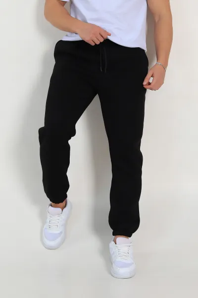Siyah Regular Fit Üç İp Şardonlu Paça Lastikli Erkek Eşofman Altı 324644