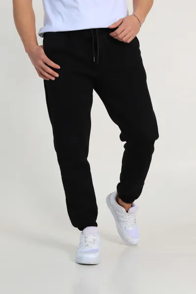Siyah Regular Fit Üç İp Şardonlu Paça Lastikli Erkek Eşofman Altı 324644