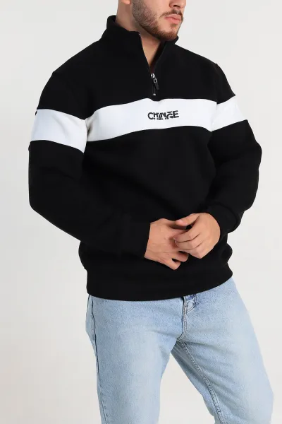 Siyah Regular Fit Üç İp Şardonlu Yazı Detay Yarım Fermuarlı Erkek Sweatshirt 308893