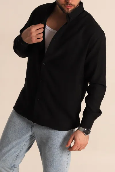 Siyah Regular Fit Uzun Kollu Keten Erkek Gömlek 275550